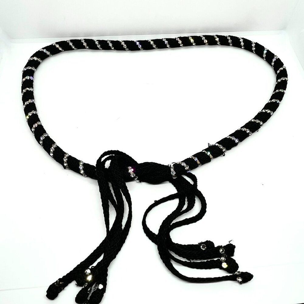 VINTAGE RHINESTONE ROPE Belt Black Tassel Boho Disco Statement